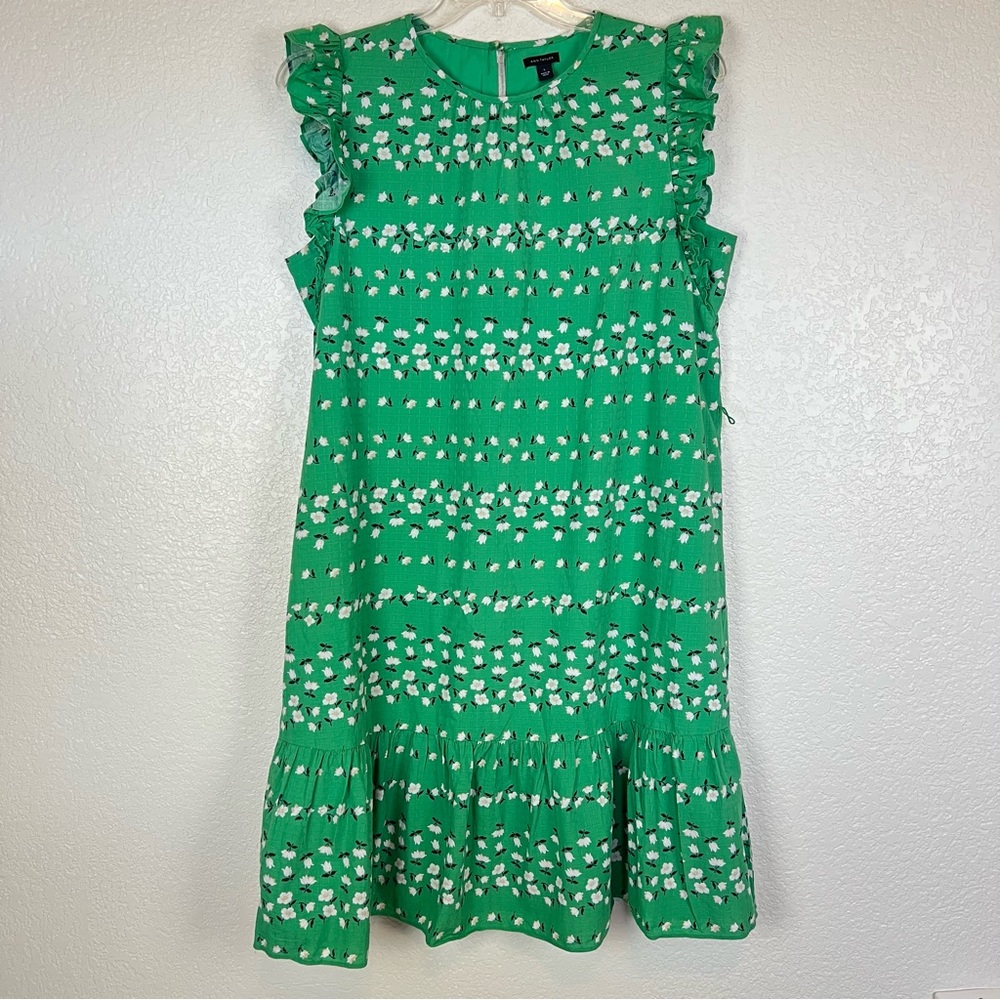 Ann Taylor Green Floral Casual Dress Ruffle Cap Sleeve Cottagecore Prairie Large